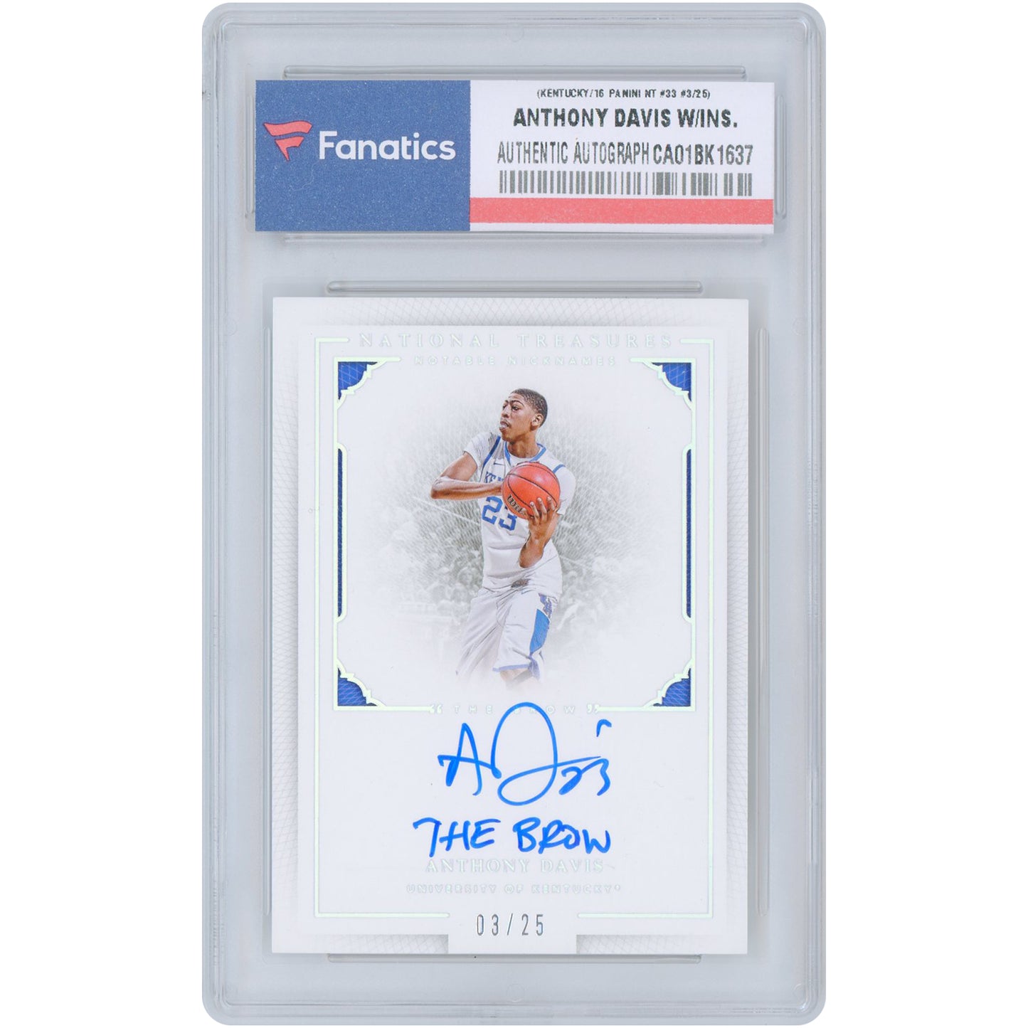 Anthony Davis Kentucky Wildcats Autographed 2016 Panini National Treasures #33 #3/25 with "The Brow" Inscription Card