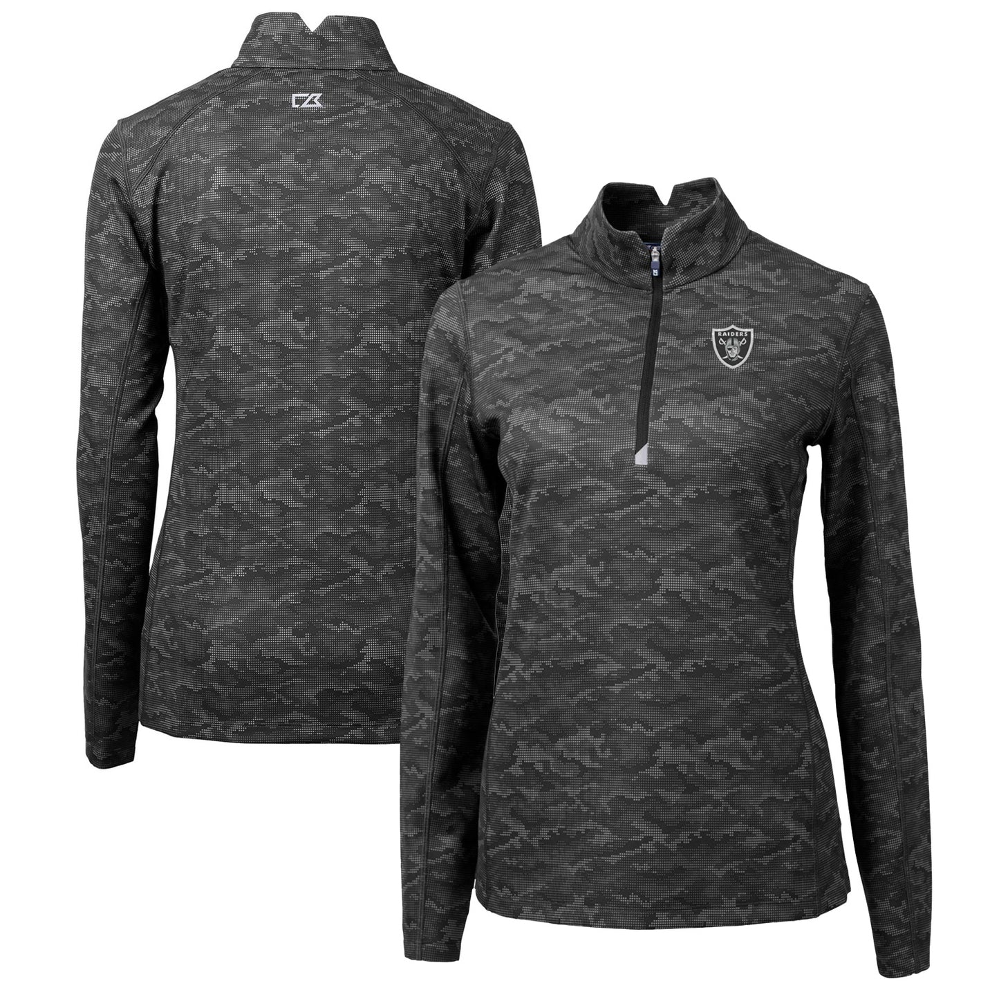 Women's Cutter & Buck Black Las Vegas Raiders Traverse Camo Print Stretch Quarter-Zip Pullover Top