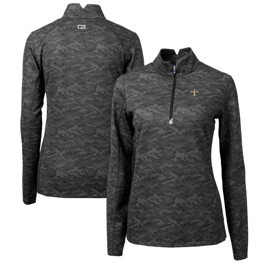 Women's Cutter & Buck Black New Orleans Saints Traverse Camo Print Stretch Quarter-Zip Pullover Top