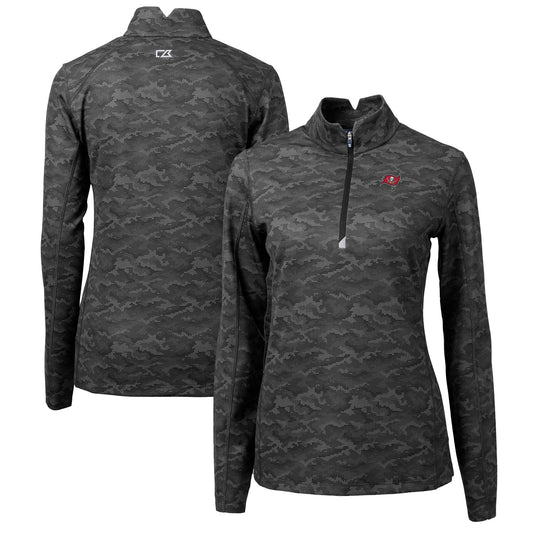 Women's Cutter & Buck Black Tampa Bay Buccaneers Traverse Camo Print Stretch Quarter-Zip Pullover Top