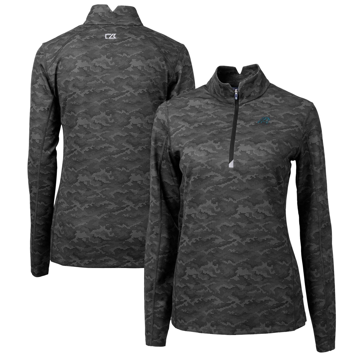 Women's Cutter & Buck Black Carolina Panthers Traverse Camo Print Stretch Quarter-Zip Pullover Top