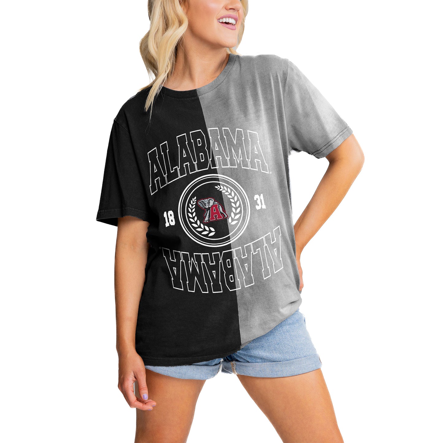 Women's Gameday Couture Black Alabama Crimson Tide Center Bleach Dyed T-Shirt