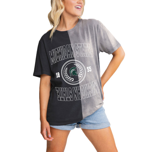 Women's Gameday Couture Charcoal Michigan State Spartans Center Bleach Dyed T-Shirt