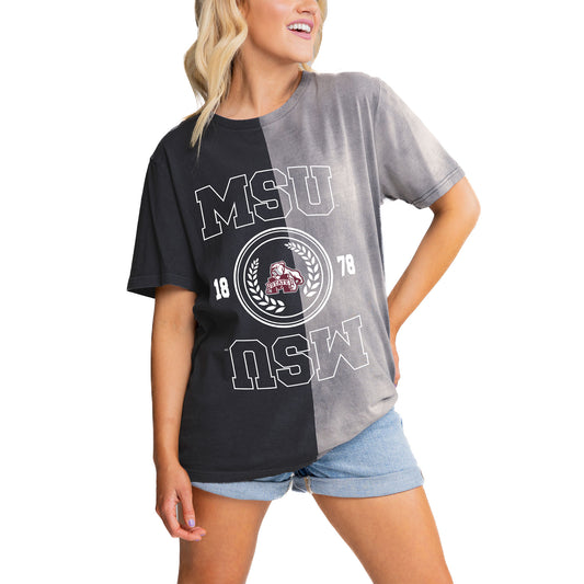 Women's Gameday Couture Charcoal Mississippi State Bulldogs Center Bleach Dyed T-Shirt