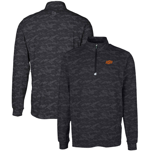 Men's Cutter & Buck Black Oklahoma State Cowboys Big & Tall Traverse Camo Print Stretch Quarter-Zip Pullover Top