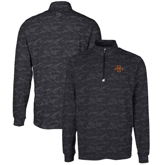 Men's Cutter & Buck Black Iowa State Cyclones Big & Tall Traverse Camo Print Stretch Quarter-Zip Pullover Top