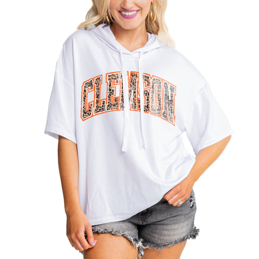 Women's Gameday Couture White Clemson Tigers Flowy Lightweight Short Sleeve Hooded Top