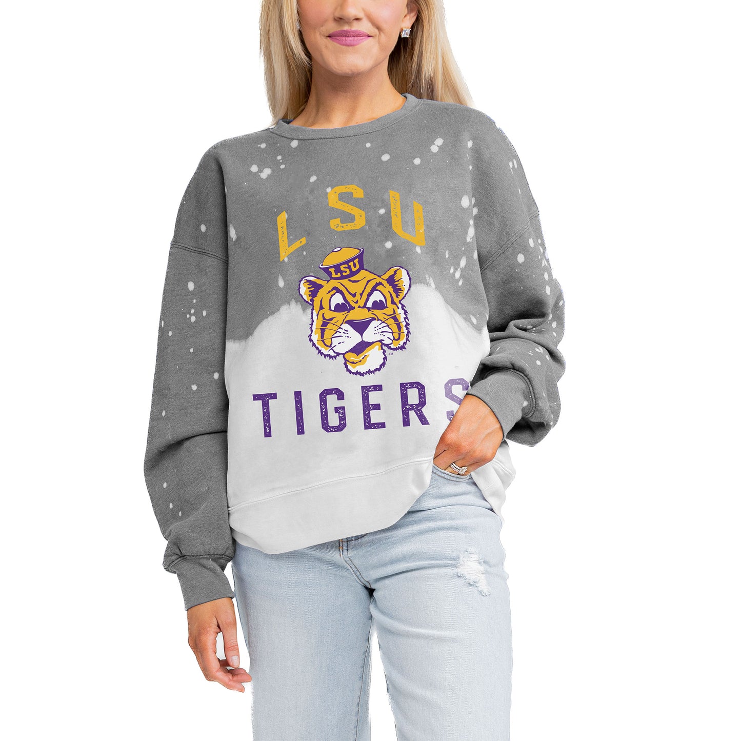 Women's Gameday Couture Gray LSU Tigers Twice As Nice Faded Crewneck Sweatshirt