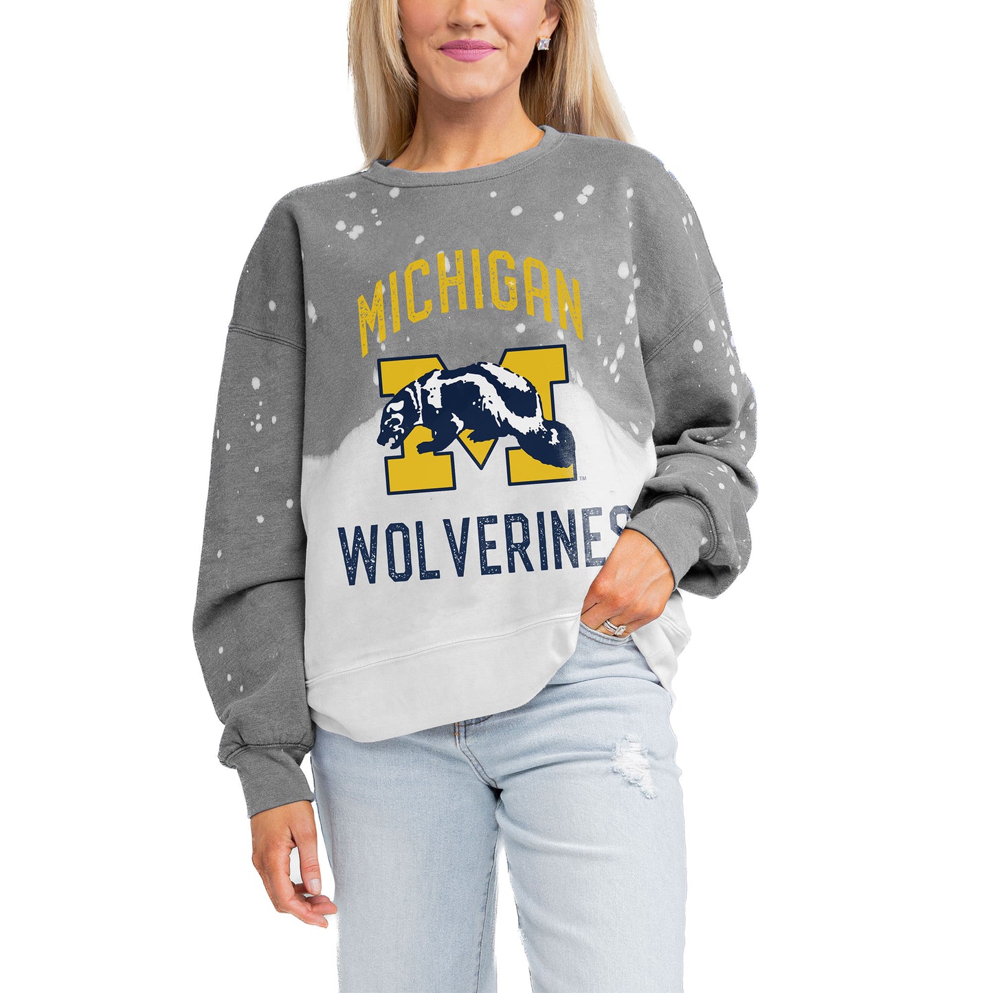 Women's Gameday Couture Gray Michigan Wolverines Twice As Nice Faded Crewneck Sweatshirt