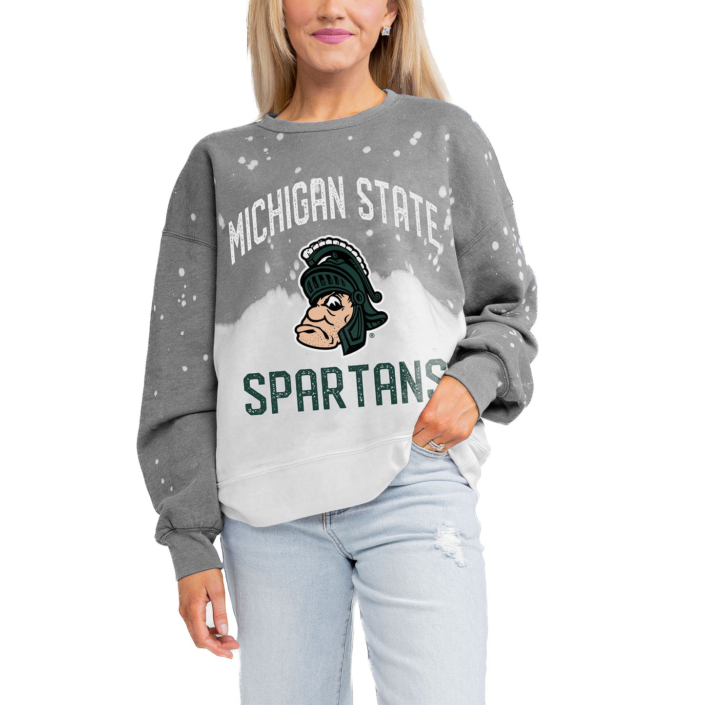Women's Gameday Couture Gray Michigan State Spartans Twice As Nice Faded Crewneck Sweatshirt