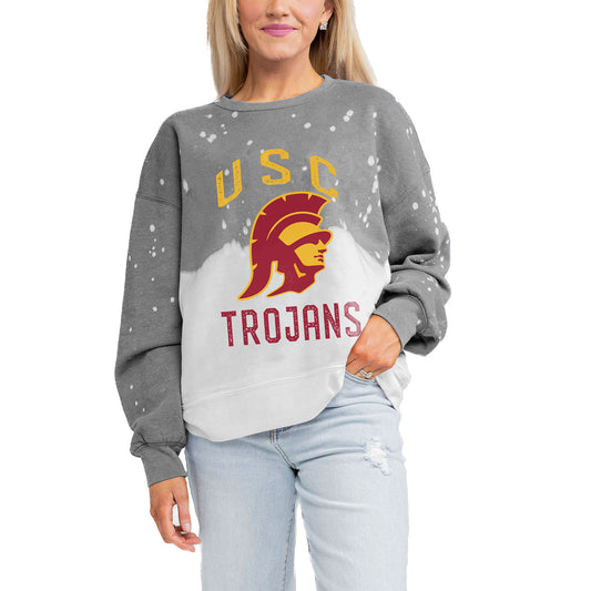 Women's Gameday Couture Gray USC Trojans Twice As Nice Faded Crewneck Sweatshirt