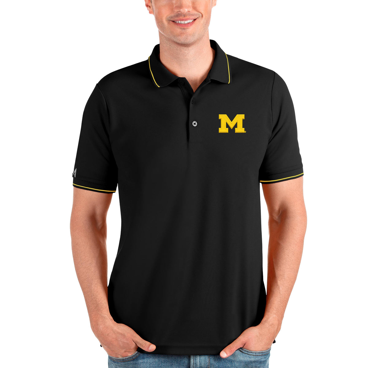 Men's Antigua Black/Maize Michigan Wolverines Affluent Polo