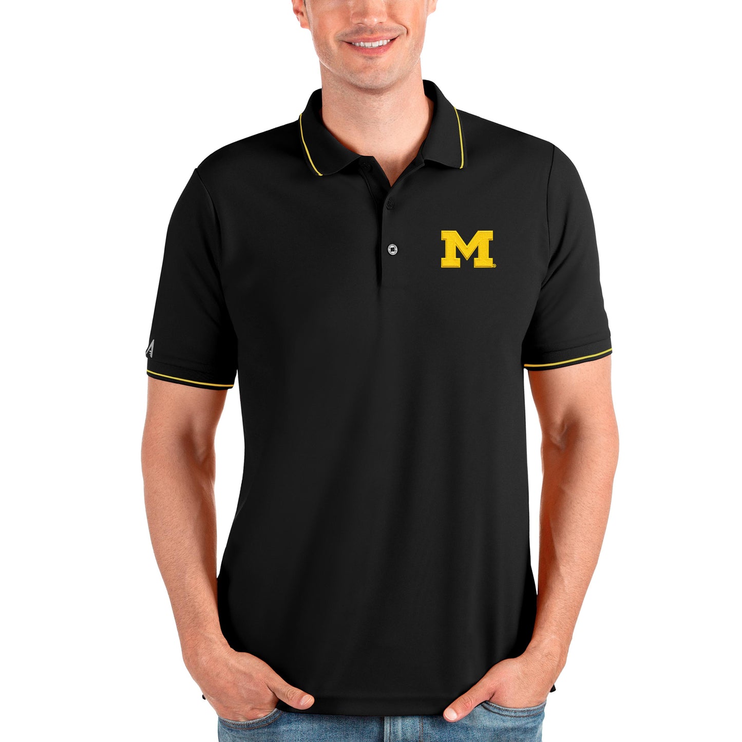 Men's Antigua Black/Maize Michigan Wolverines Affluent Polo