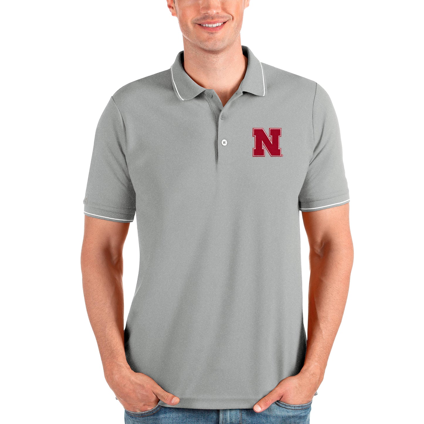 Men's Antigua Gray Nebraska Huskers Affluent Polo