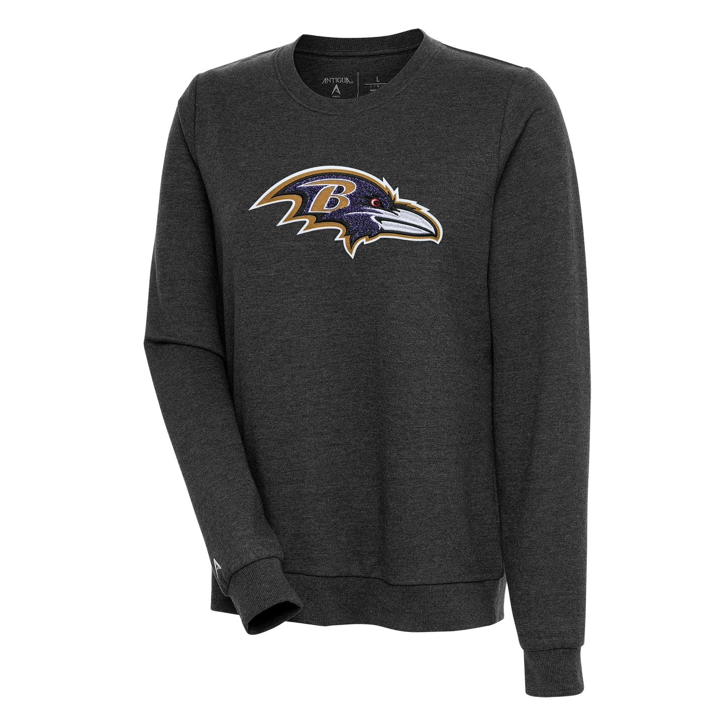 Women's Antigua Heathered Black Baltimore Ravens Action Crewneck Chenille Pullover Sweatshirt