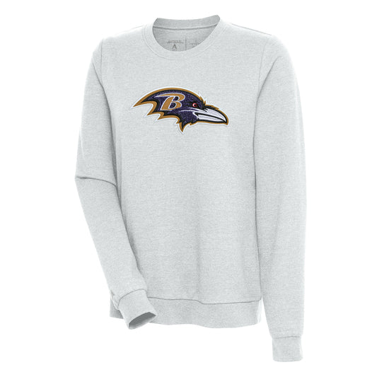 Women's Antigua Heathered Gray Baltimore Ravens Action Crewneck Chenille Pullover Sweatshirt