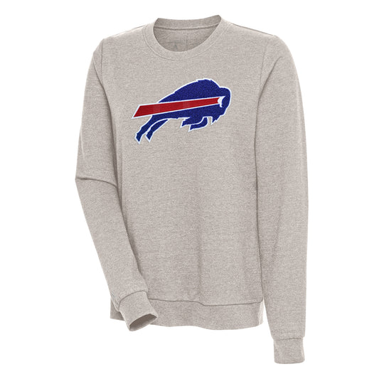 Women's Antigua Oatmeal Buffalo Bills Action Crewneck Chenille Pullover Sweatshirt