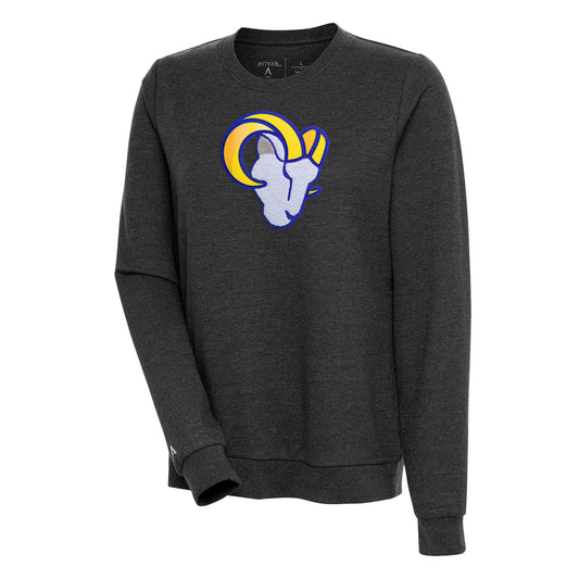 Women's Antigua Heathered Black Los Angeles Rams Action Crewneck Chenille Pullover Sweatshirt