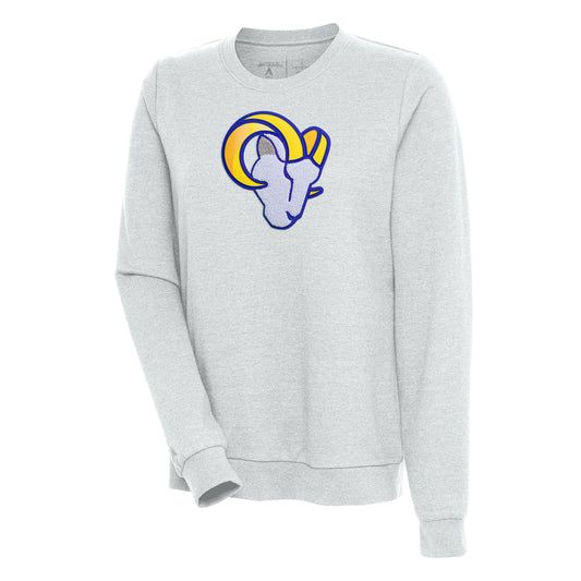 Women's Antigua Heathered Gray Los Angeles Rams Action Crewneck Chenille Pullover Sweatshirt