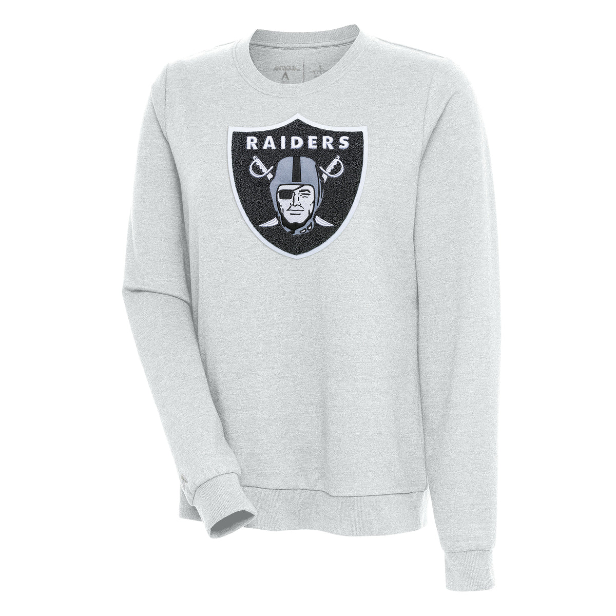 Women's Antigua Heathered Gray Las Vegas Raiders Action Crewneck Chenille Pullover Sweatshirt