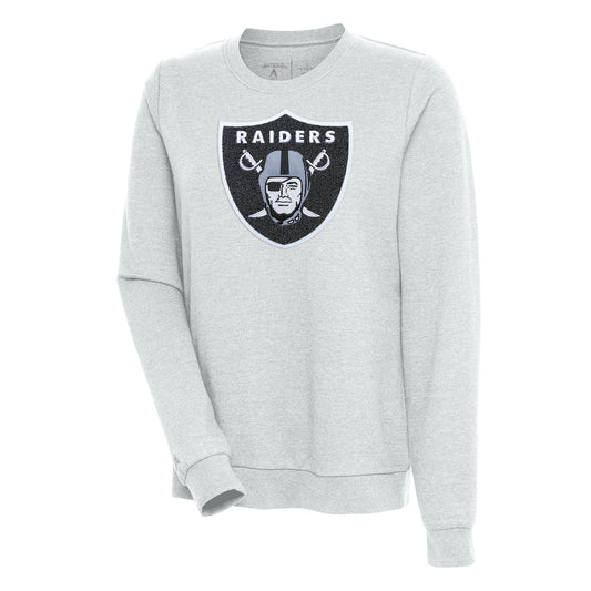 Women's Antigua Heathered Gray Las Vegas Raiders Action Crewneck Chenille Pullover Sweatshirt