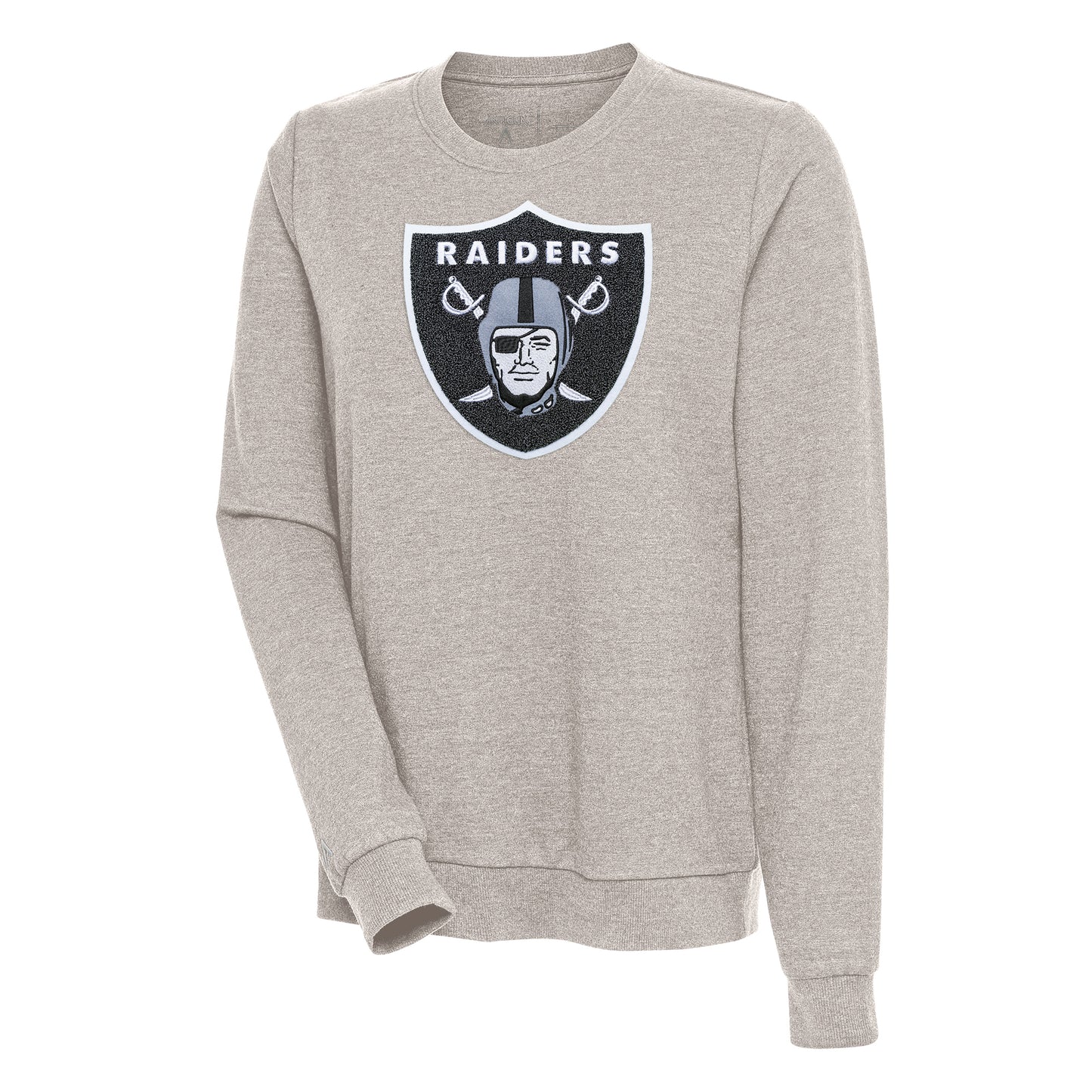 Women's Antigua Oatmeal Las Vegas Raiders Action Crewneck Chenille Pullover Sweatshirt