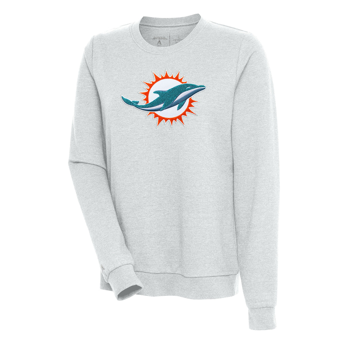 Women's Antigua Heathered Gray Miami Dolphins Action Crewneck Chenille Pullover Sweatshirt