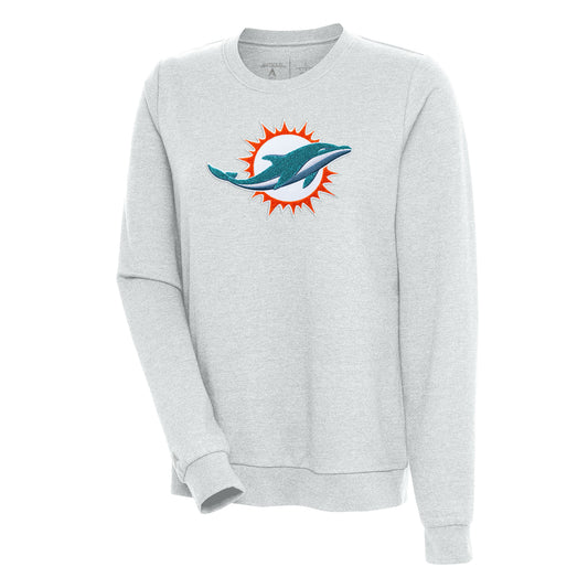 Women's Antigua Heathered Gray Miami Dolphins Action Crewneck Chenille Pullover Sweatshirt