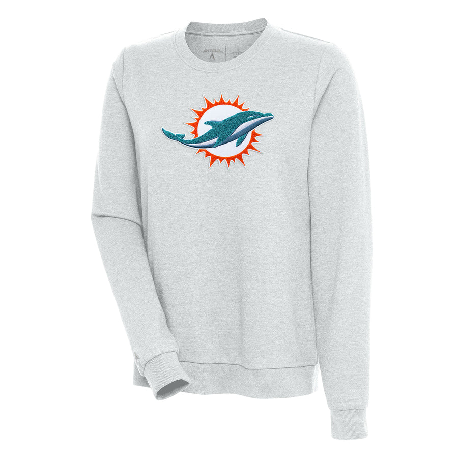 Women's Antigua Heathered Gray Miami Dolphins Action Crewneck Chenille Pullover Sweatshirt