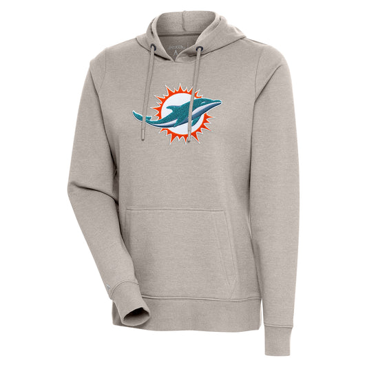 Women's Antigua Oatmeal Miami Dolphins Action Chenille Pullover Hoodie