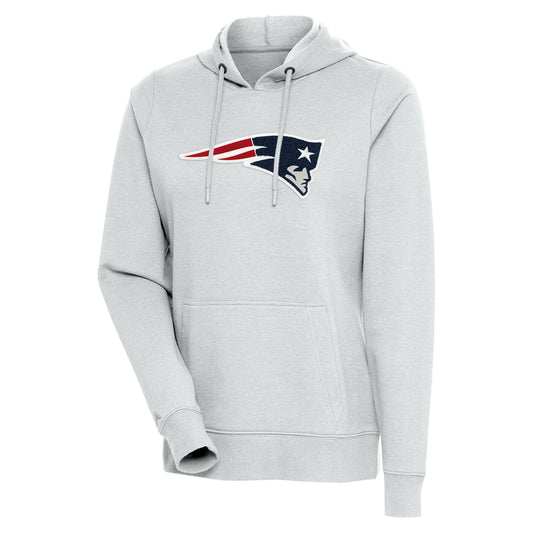 Women's Antigua Heathered Gray New England Patriots Action Chenille Pullover Hoodie