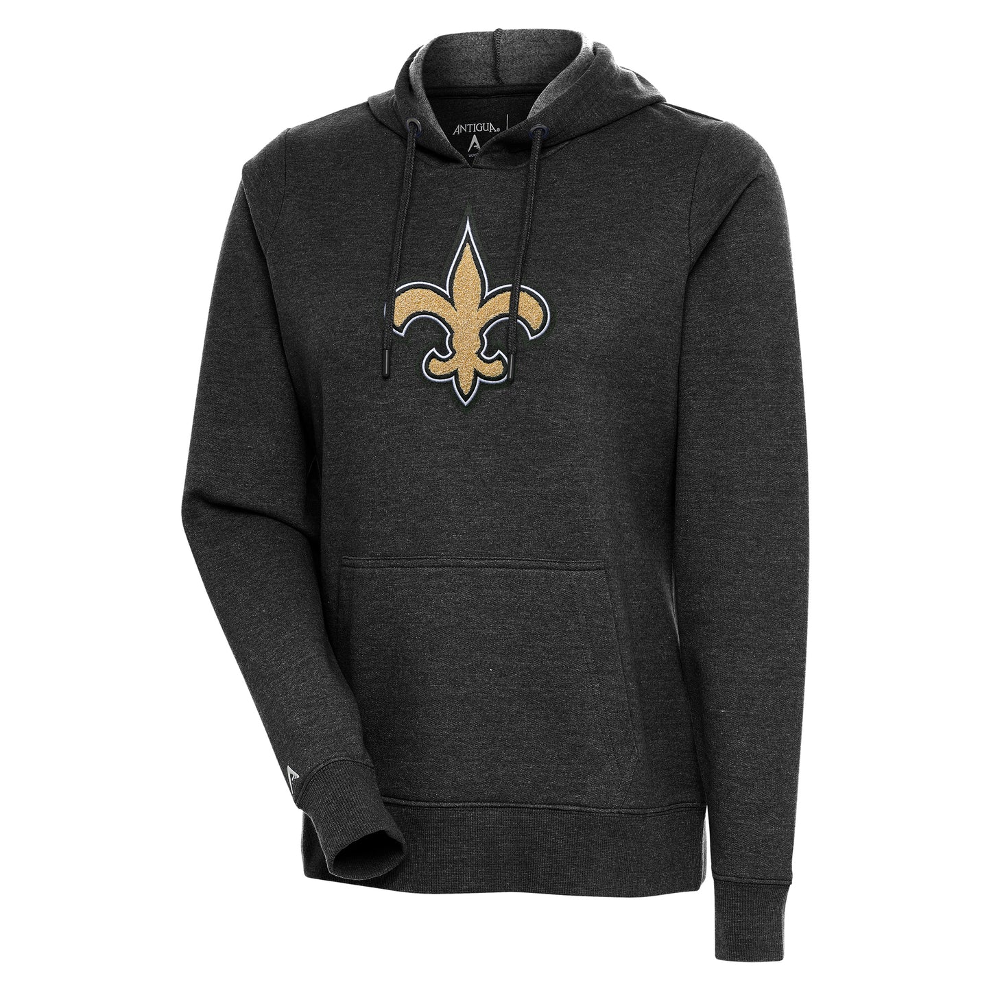 Women's Antigua Heathered Black New Orleans Saints Action Chenille Pullover Hoodie