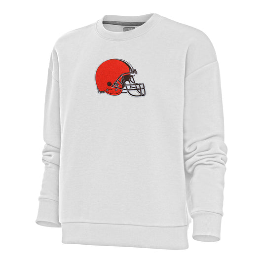 Women's Antigua White Cleveland Browns Victory Crewneck Chenille Pullover Sweatshirt