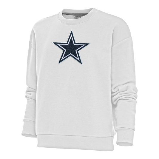 Women's Antigua White Dallas Cowboys Victory Crewneck Chenille Pullover Sweatshirt