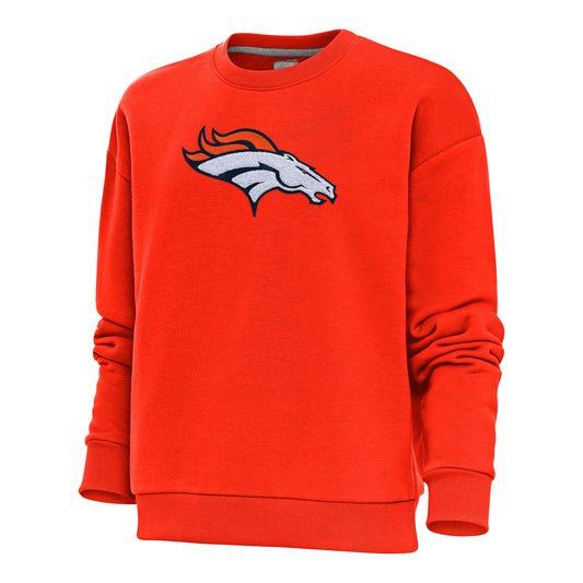 Women's Antigua Orange Denver Broncos Victory Crewneck Chenille Pullover Sweatshirt