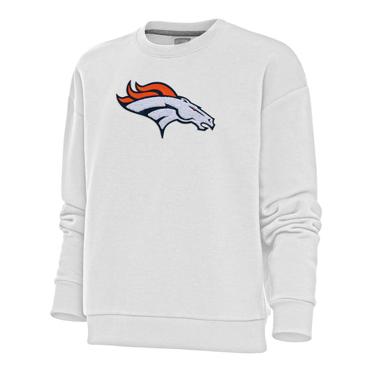 Women's Antigua White Denver Broncos Victory Crewneck Chenille Pullover Sweatshirt