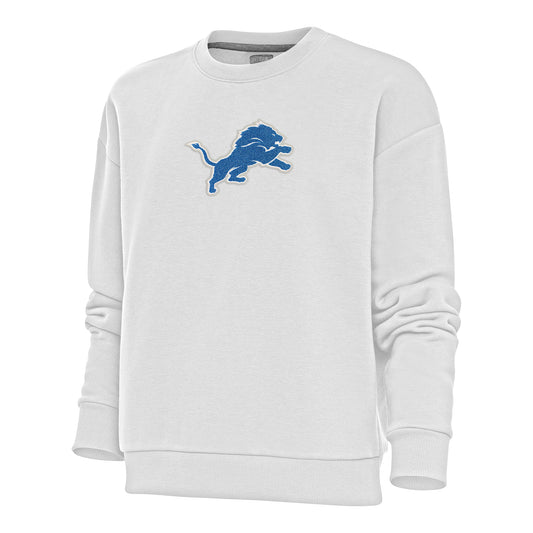 Women's Antigua White Detroit Lions Victory Crewneck Chenille Pullover Sweatshirt