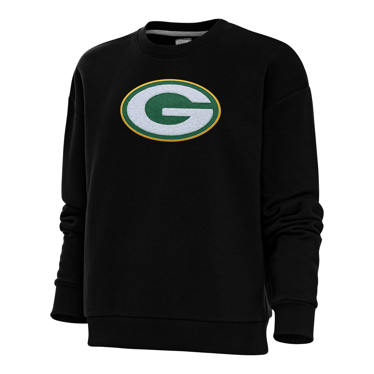 Women's Antigua Black Green Bay Packers Victory Crewneck Chenille Pullover Sweatshirt