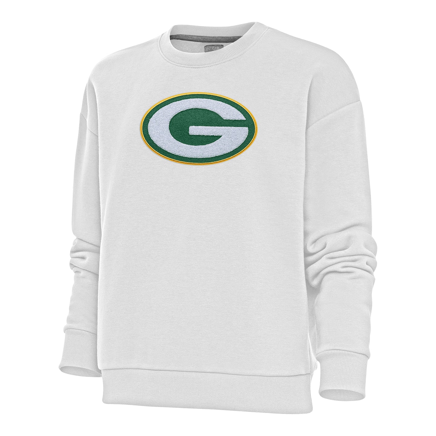 Women's Antigua White Green Bay Packers Victory Crewneck Chenille Pullover Sweatshirt