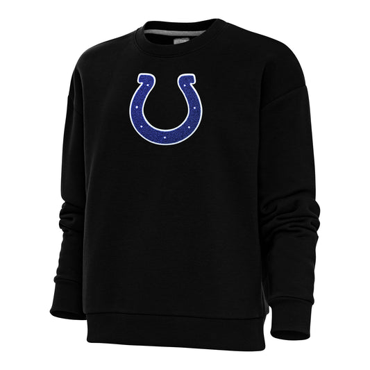 Women's Antigua Black Indianapolis Colts Victory Crewneck Chenille Pullover Sweatshirt