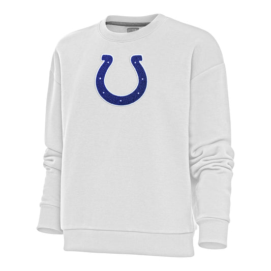 Women's Antigua White Indianapolis Colts Victory Crewneck Chenille Pullover Sweatshirt