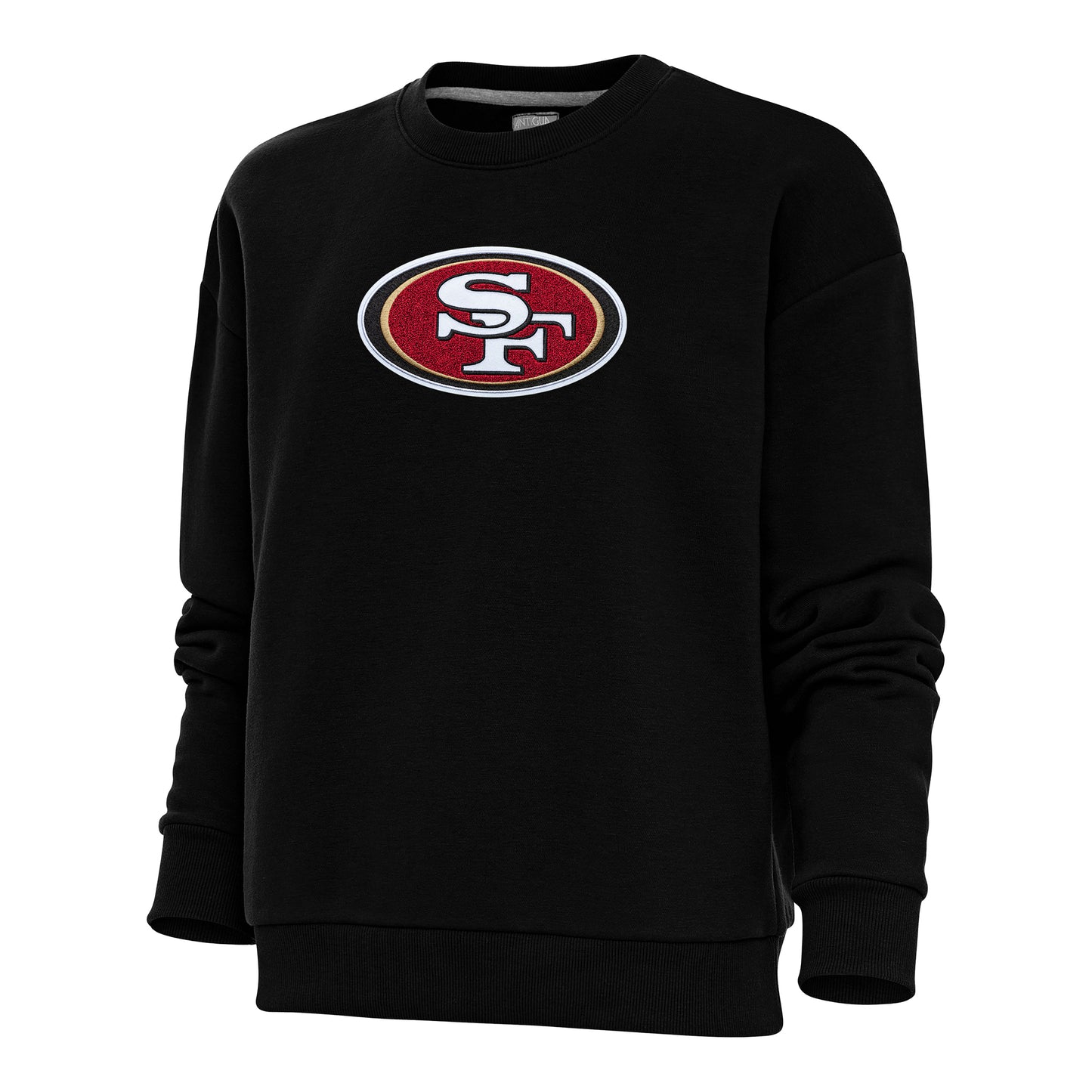 Women's Antigua Black San Francisco 49ers Victory Crewneck Chenille Pullover Sweatshirt