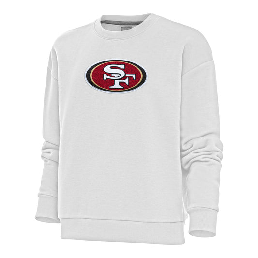 Women's Antigua White San Francisco 49ers Victory Crewneck Chenille Pullover Sweatshirt