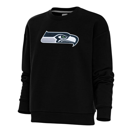 Women's Antigua Black Seattle Seahawks Victory Crewneck Chenille Pullover Sweatshirt