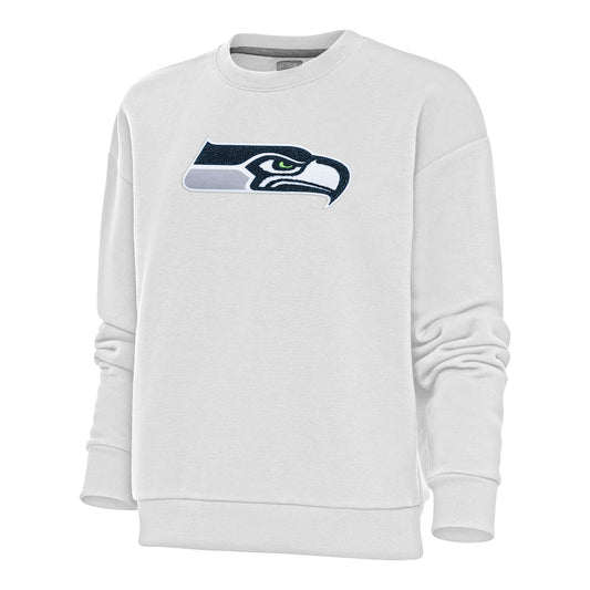 Women's Antigua White Seattle Seahawks Victory Crewneck Chenille Pullover Sweatshirt