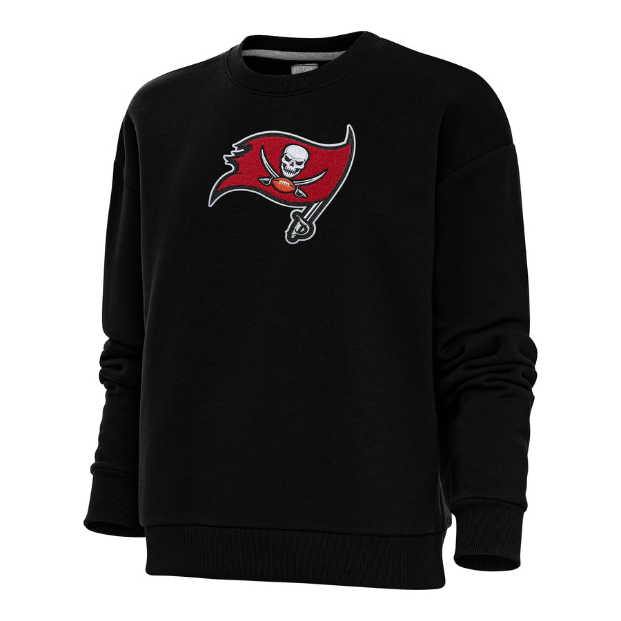 Women's Antigua Black Tampa Bay Buccaneers Victory Crewneck Chenille Pullover Sweatshirt
