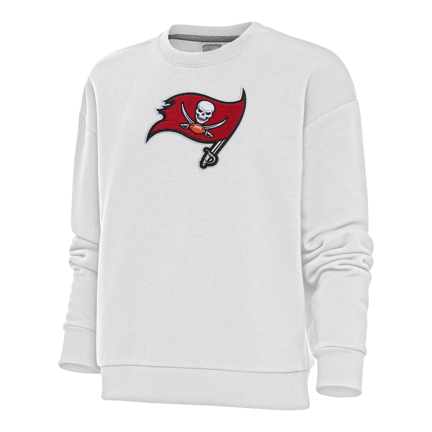 Women's Antigua White Tampa Bay Buccaneers Victory Crewneck Chenille Pullover Sweatshirt