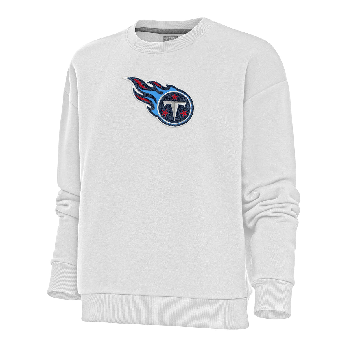 Women's Antigua White Tennessee Titans Victory Crewneck Chenille Pullover Sweatshirt
