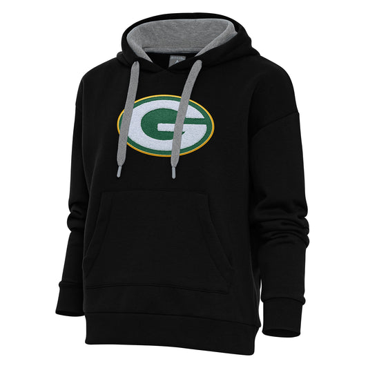 Women's Antigua Black Green Bay Packers Victory Chenille Pullover Hoodie