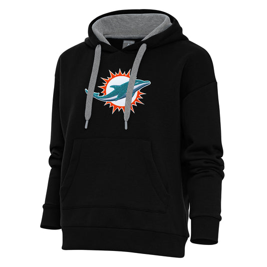 Women's Antigua Black Miami Dolphins Victory Chenille Pullover Hoodie